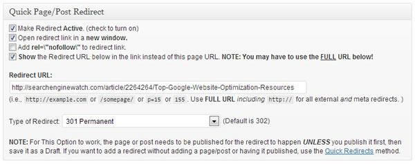 301 redirect plugin settings