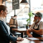 Business woman pitching website design services to restaurant owner