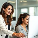 Business woman smiling over shoulder of woman at computer