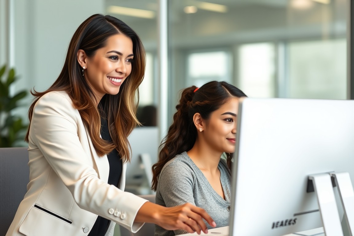 Business woman smiling over shoulder of woman at computer