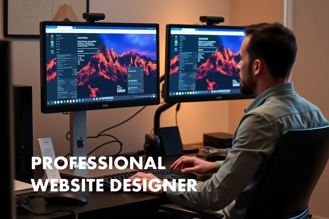 Website designer working with dual monitors