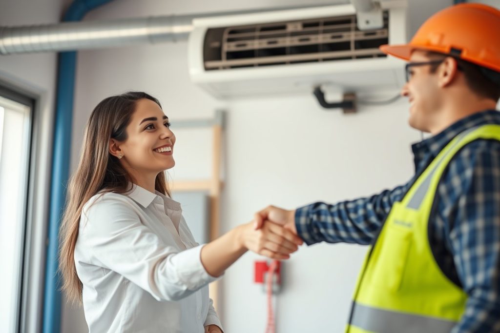 Young woman shaking the hand of HVAC technician.