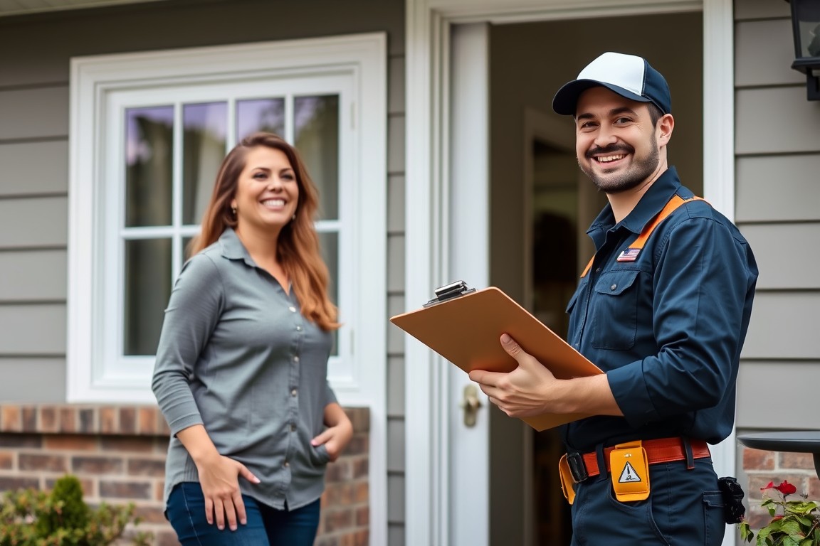 An HVAC professional holding a clipboard next to a woman with a smile in satisfaction.